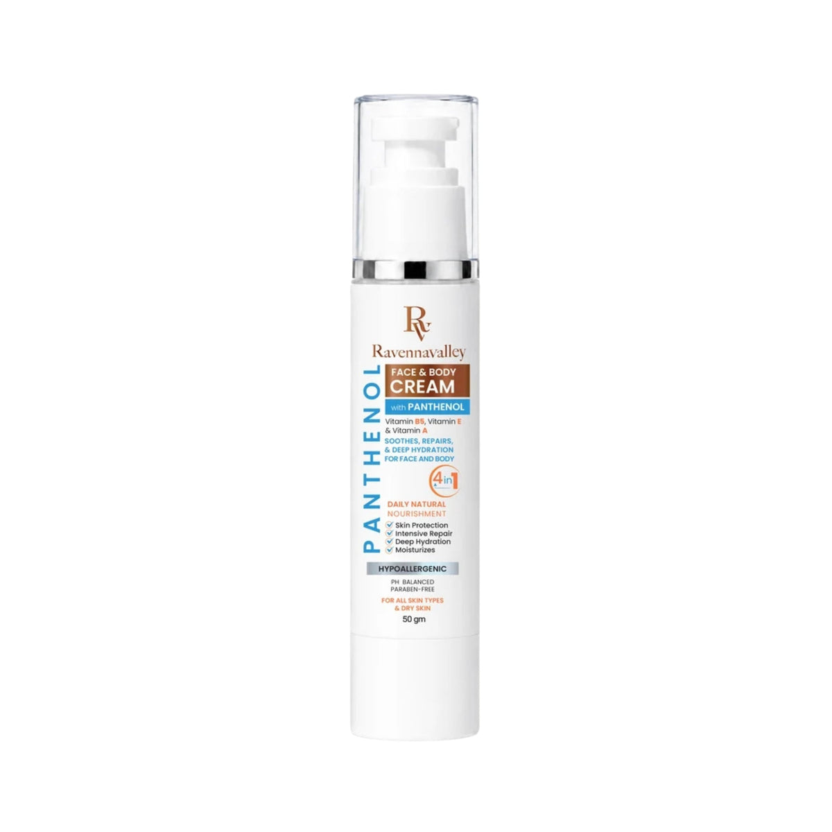 Refect Beauty Ravenna Valley face and body cream with panthenol in a white pump bottle for deep skin hydration.