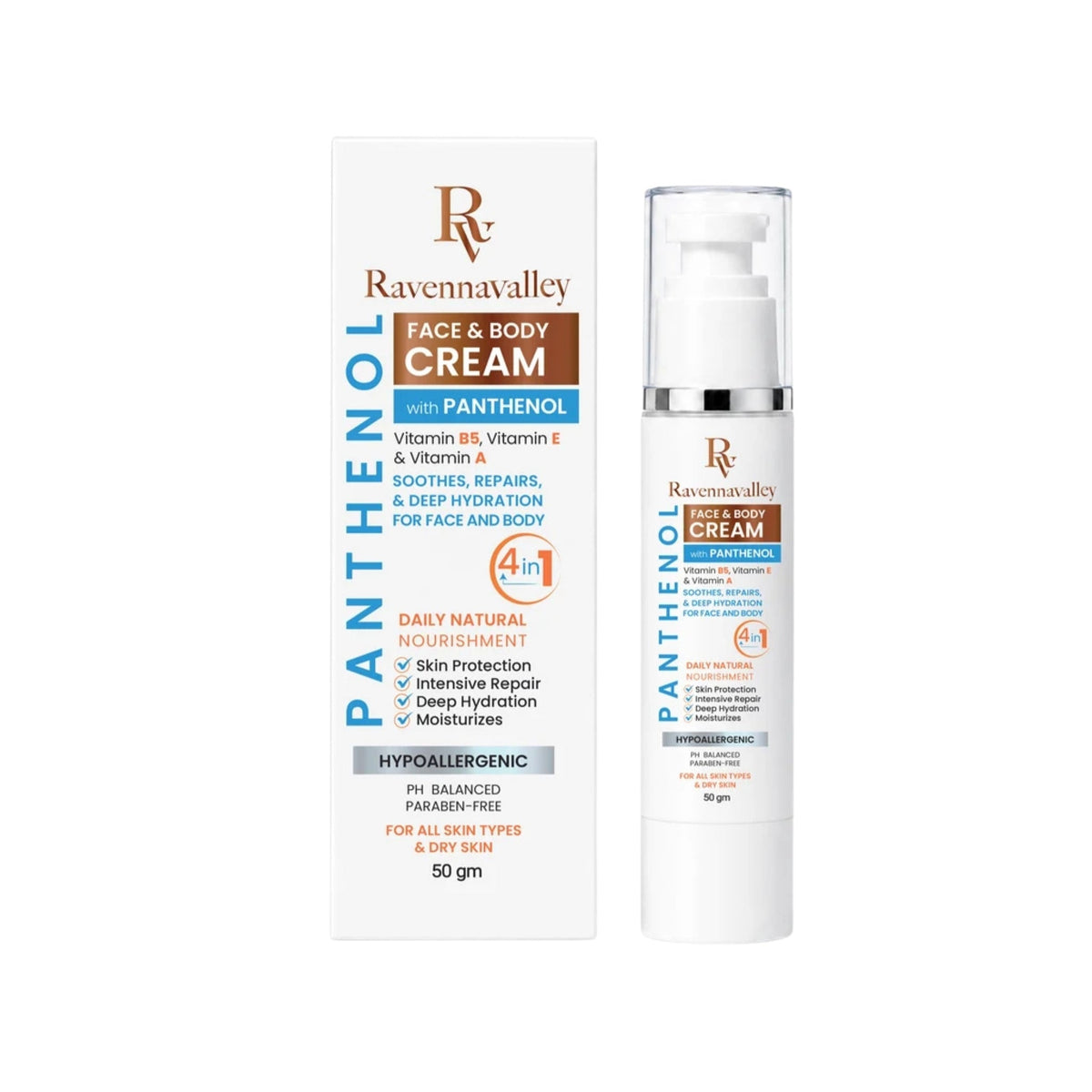 Refect Beauty Ravenna Valley face and body cream with panthenol in a white pump bottle and matching product box.