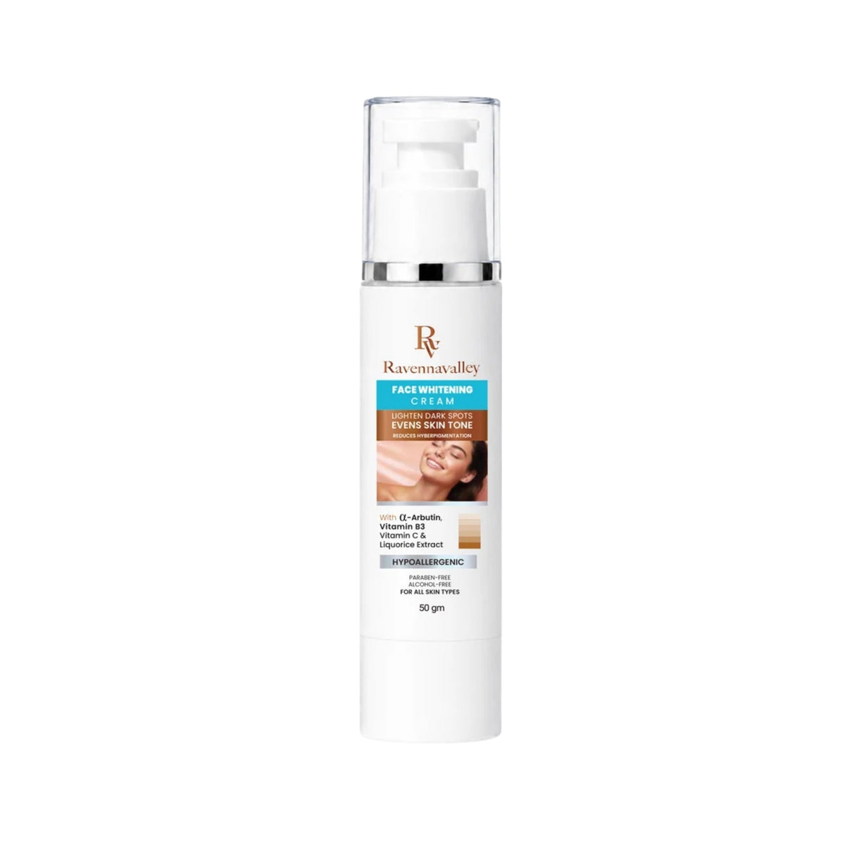 Refect Beauty Ravenna Valley face whitening cream in a white pump bottle for brightening dark spots and skin tone