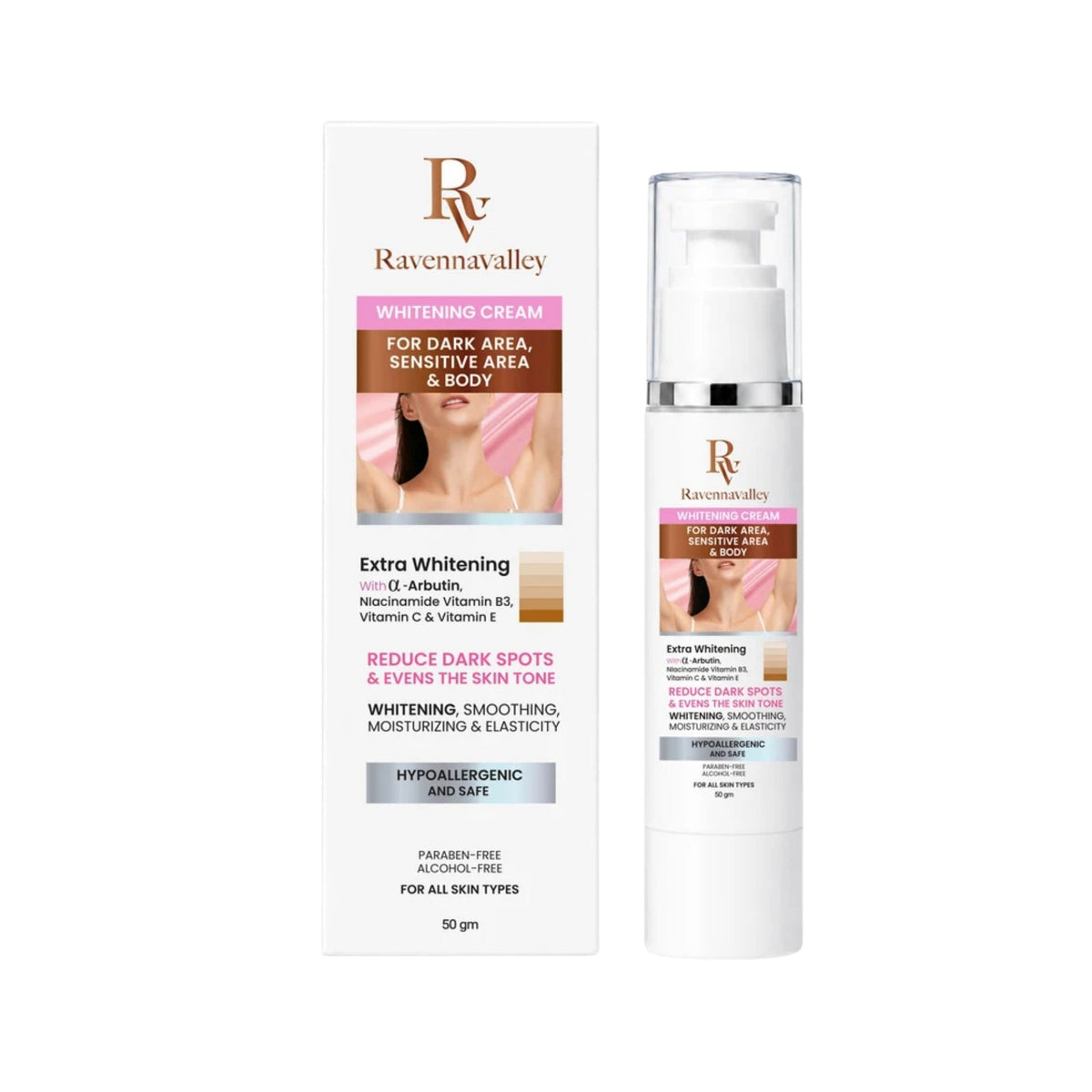Refect Beauty Ravenna Valley whitening cream for dark areas in a 50g pump bottle with its matching product box.