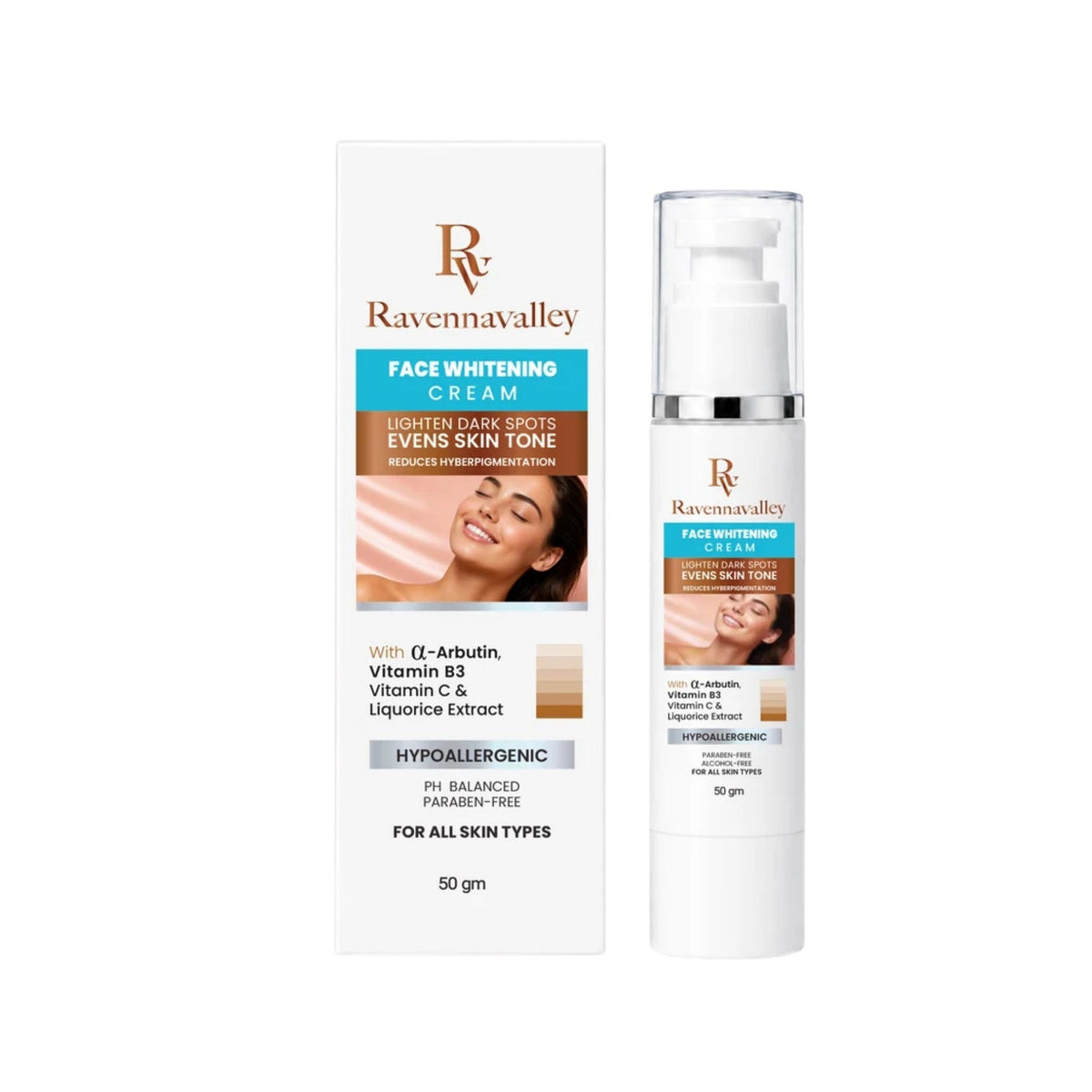 Refect Beauty Ravenna Valley face whitening cream pump bottle and box for brightening dark spots and even skin tone.