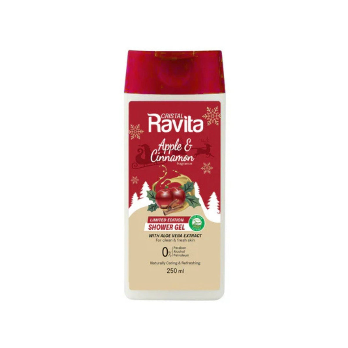 Refect Beauty Ravita Apple and Cinnamon shower gel bottle with festive holiday design and 250ml capacity