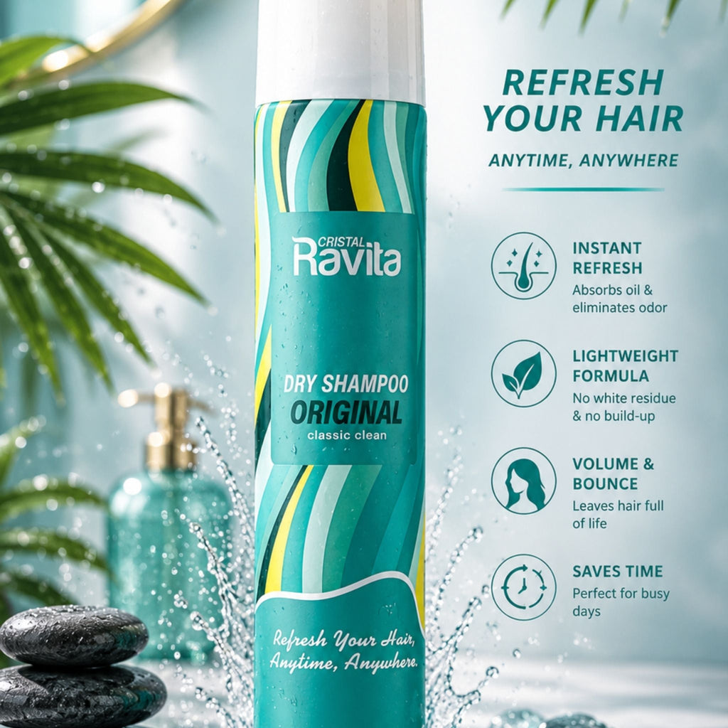 Refect Beauty Ravita Original dry shampoo spray bottle with teal and yellow wave design on a spa-inspired background.