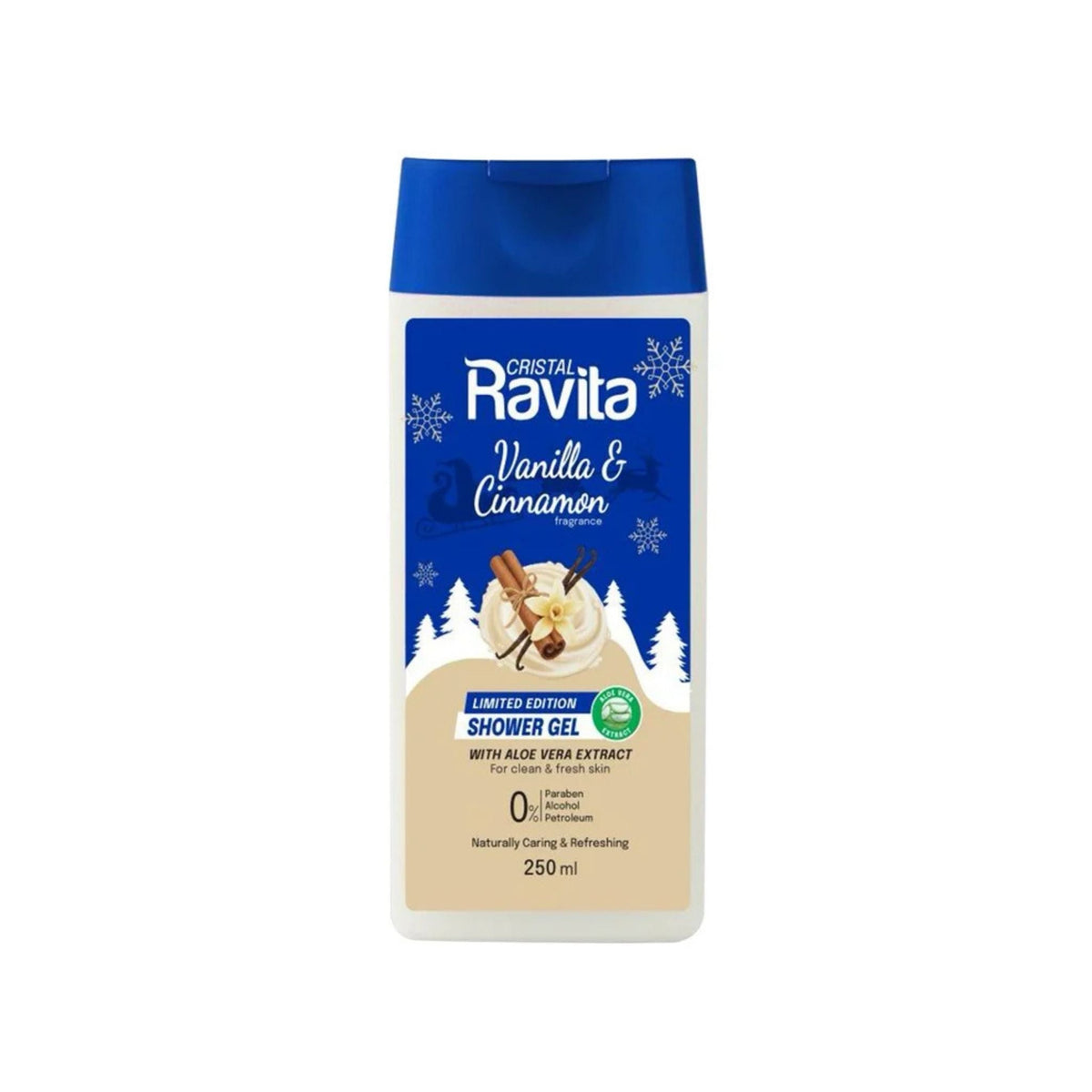 Refect Beauty Ravita Vanilla & Cinnamon shower gel bottle with a blue cap and winter-themed label design.