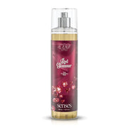 Refect Beauty Eva Senses Red Glamour body splash in a clear spray bottle with a deep red label and diamond graphics.