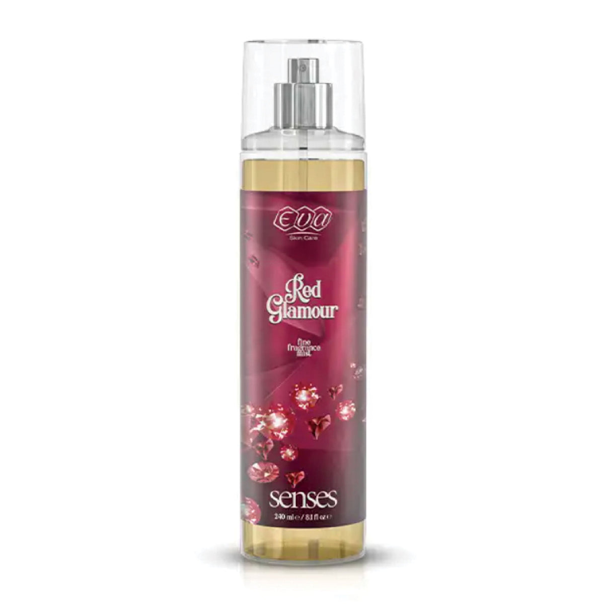 Refect Beauty Eva Senses Red Glamour body splash in a clear spray bottle with a deep red label and diamond graphics.