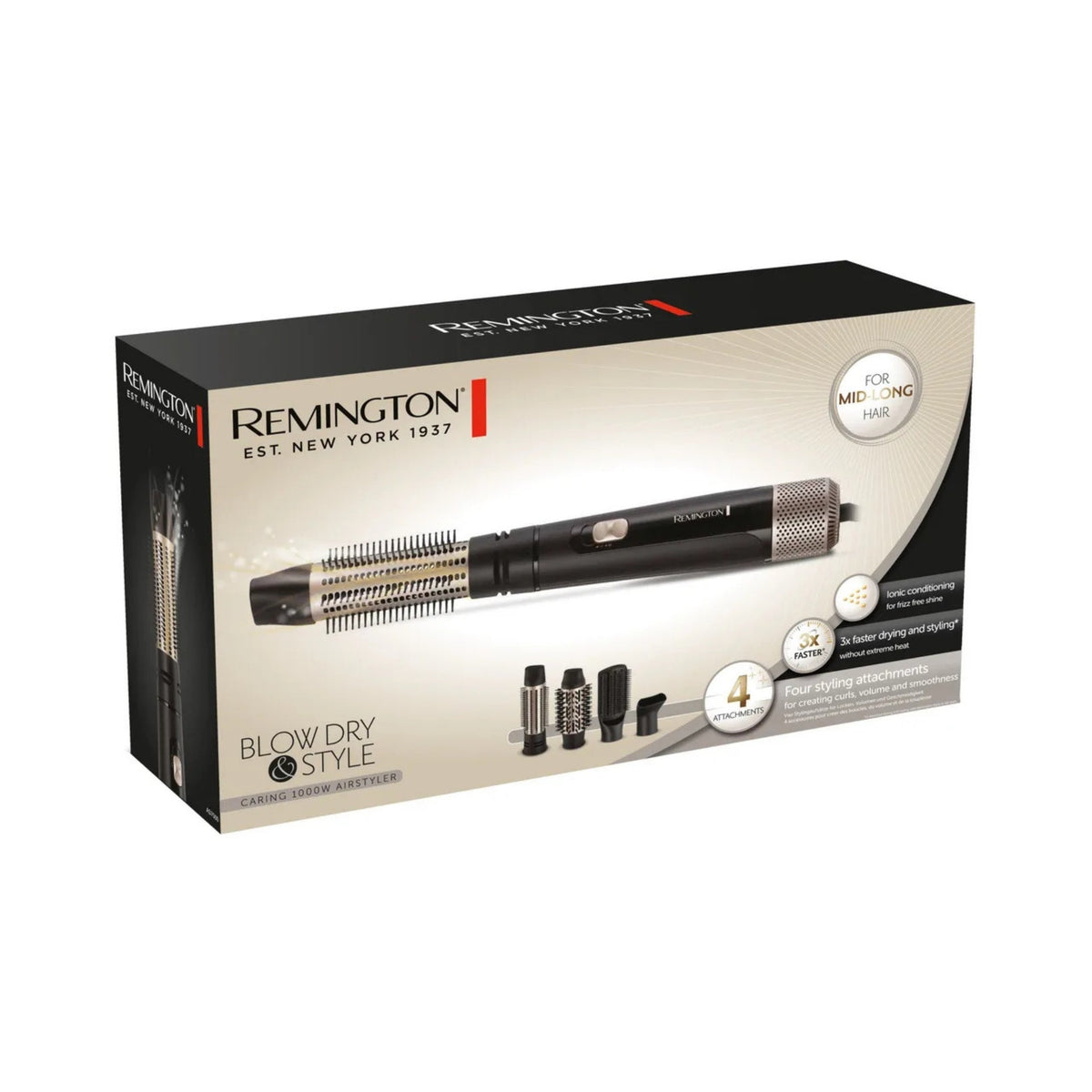 Refect Beauty Remington Blow Dry & Style 1000W Airstyler set with four attachments in black and gold packaging