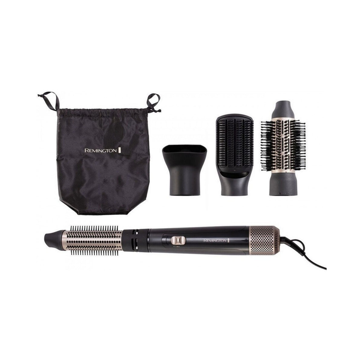 Refect Beauty Remington 1000W airstyler set with black handle, multiple styling attachments, and storage pouch