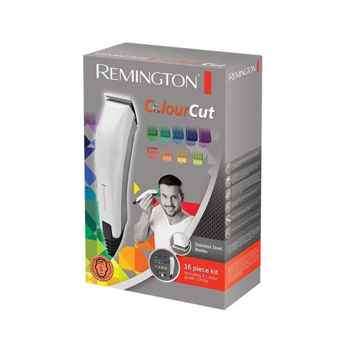 Refect Beauty Remington Colour Cut HC5035 hair clipper kit with color-coded comb attachments and stainless steel blades