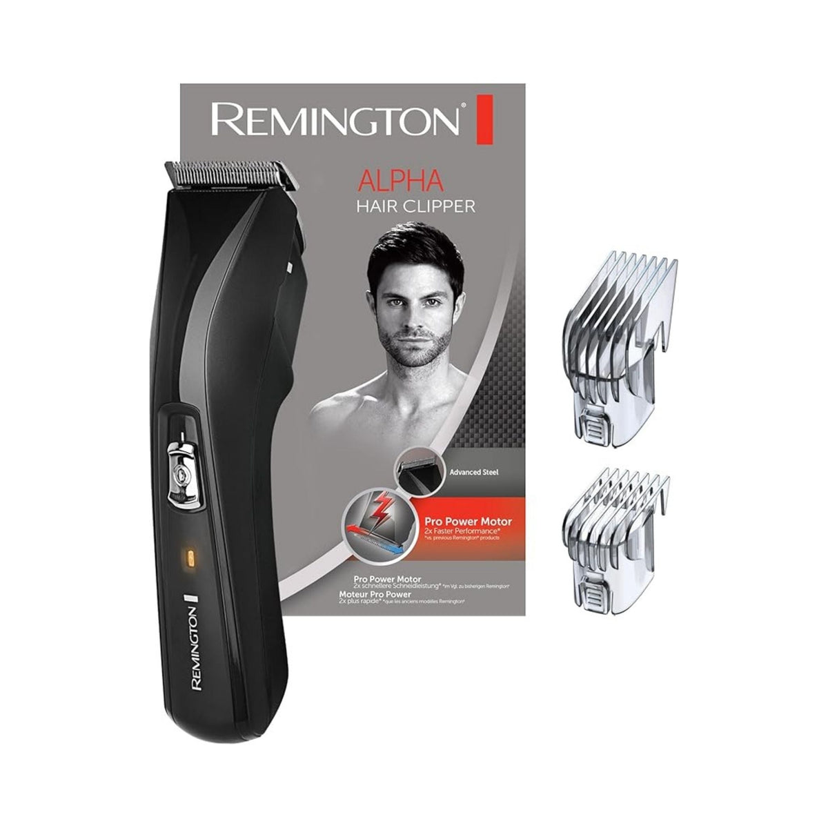 Refect Beauty Remington HC5150 Alpha hair clipper with stainless steel blades and two adjustable comb attachments