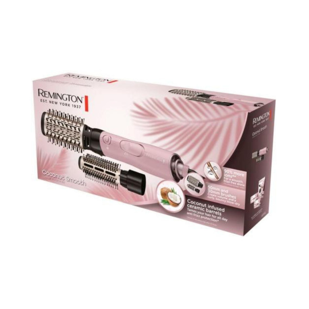 Refect Beauty Remington Coconut Smooth Hot Air Styler in pink with two interchangeable brush attachments in packaging