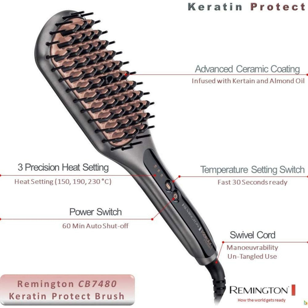 Refect Beauty Remington Keratin Protect hair straightening brush with ceramic bristles and adjustable heat settings.