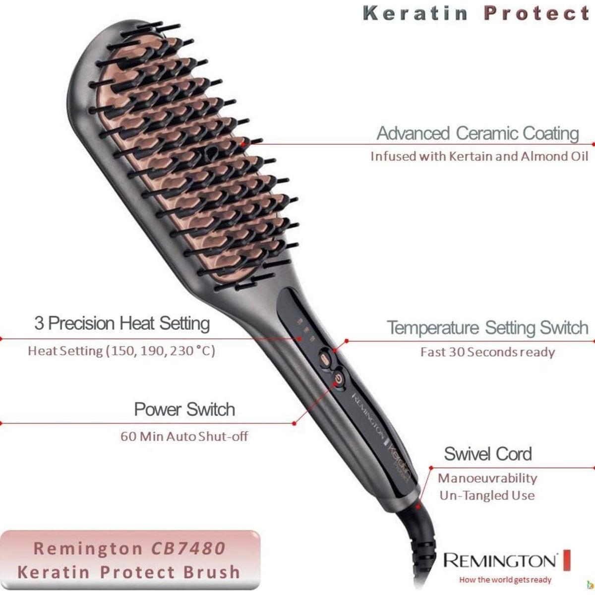 Refect Beauty Remington Keratin Protect hair straightening brush with ceramic bristles and adjustable heat settings.