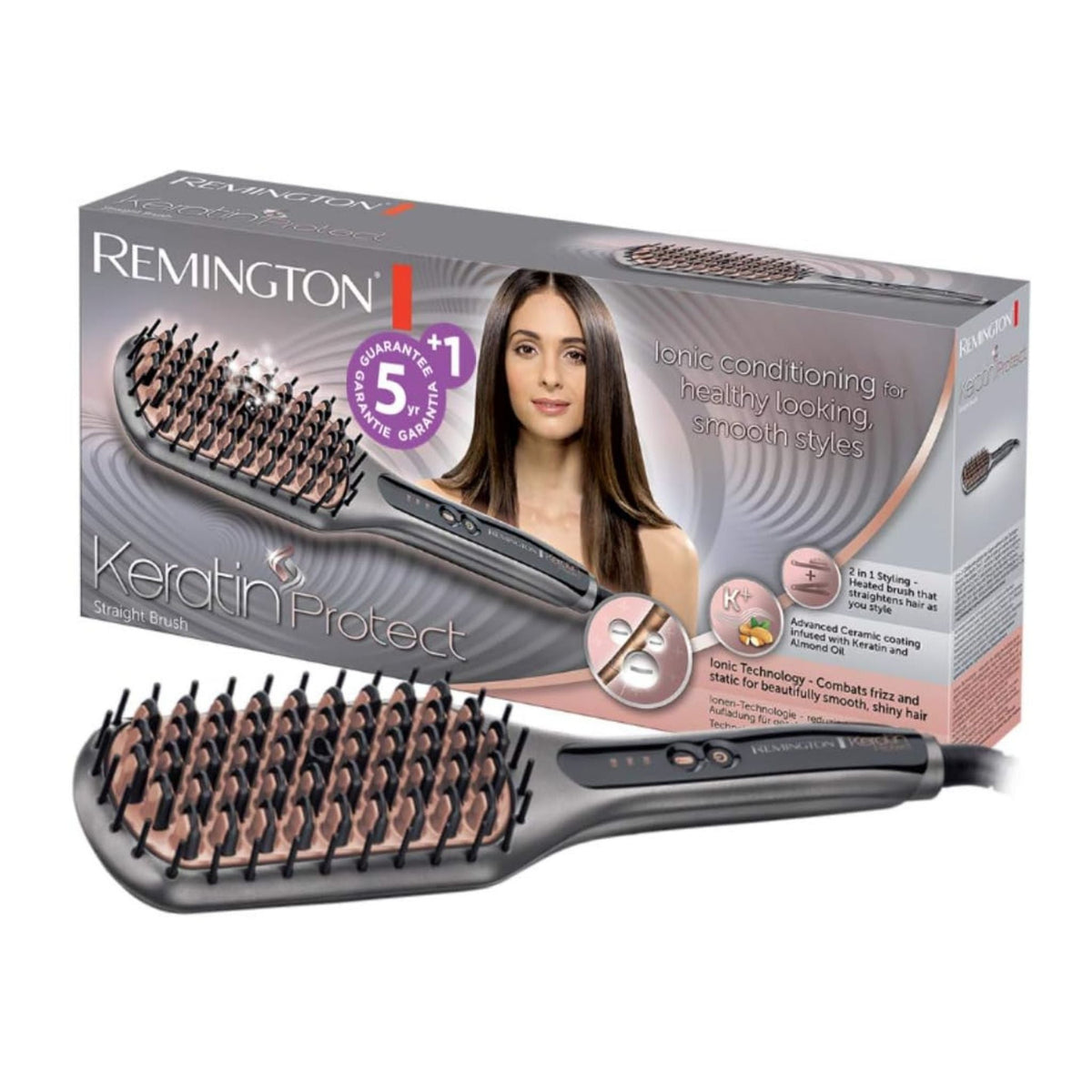 Refect Beauty Remington Keratin Protect heated hair straightening brush with ceramic bristles in front of product box