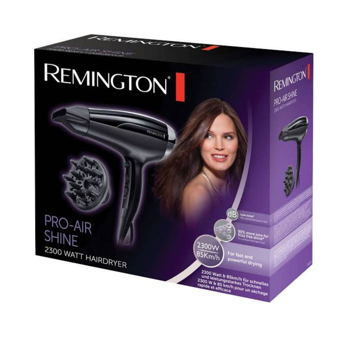 Refect Beauty Remington Pro-Air Shine D5215 hair dryer box with 2300W power, ionic technology, and diffuser attachment.