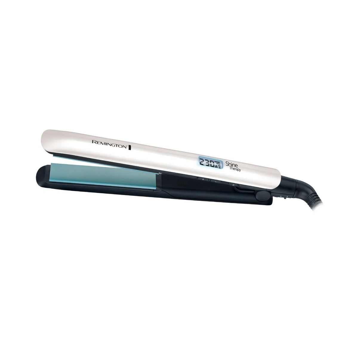 Refect Beauty Remington Shine Therapy hair straightener with white casing, digital display, and ceramic plates.