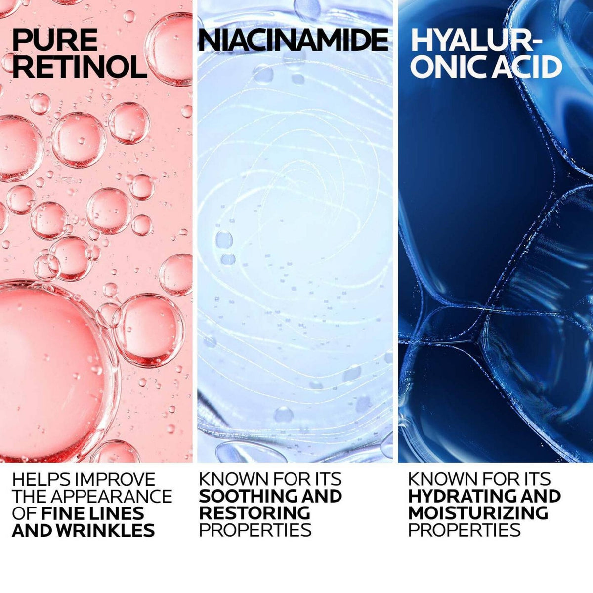 Refect Beauty infographic showing textures of pure retinol, niacinamide, and hyaluronic acid for skincare benefits.