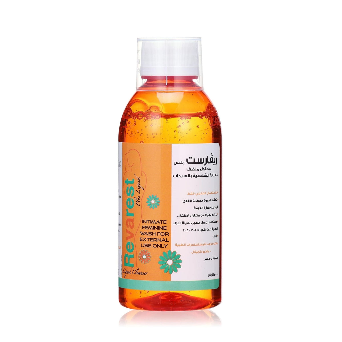 Refect Beauty Revarest Plus female intimate cleanser in a clear bottle with orange liquid for daily feminine hygiene.