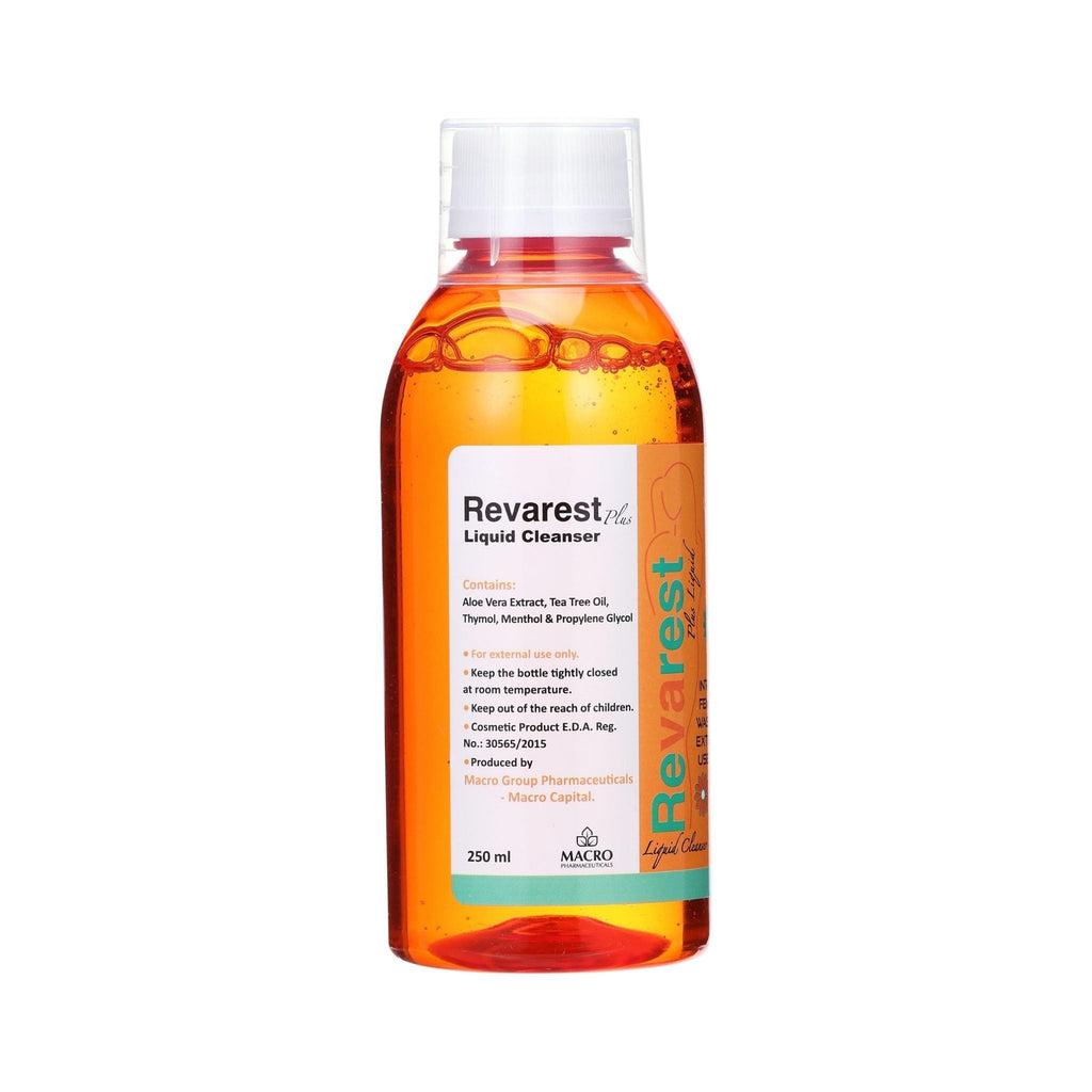 Refect Beauty Revarest Plus female intimate cleanser in a clear 250ml bottle with orange liquid and white cap