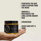 Refect Beauty Revlon Professional Orofluido Radiance Argan Mask jar held in a hand with product benefits listed