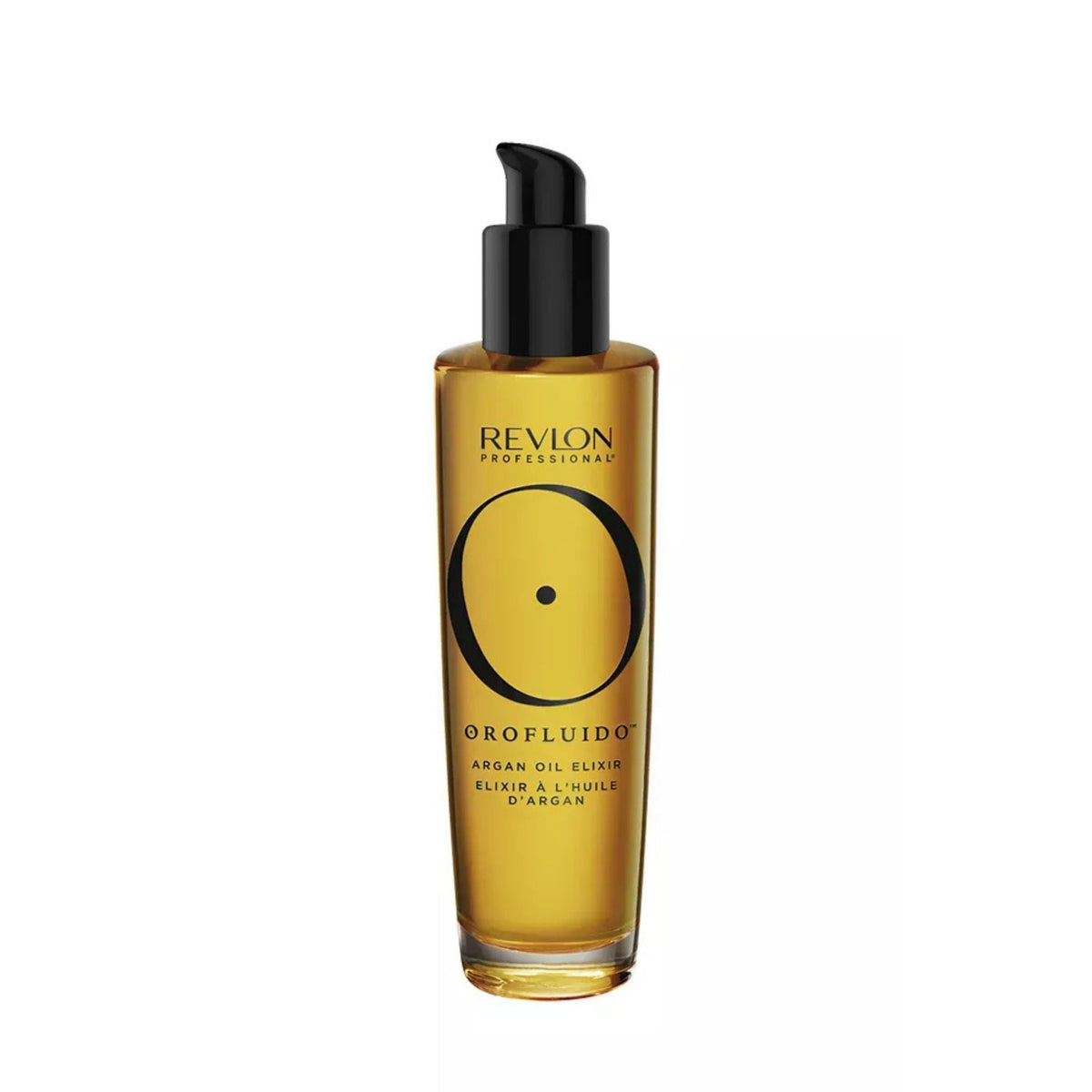 Refect Beauty Revlon Professional Orofluido Argan Oil Elixir in a clear glass bottle with a black pump dispenser.