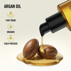 Refect Beauty Revlon Professional Orofluido hair oil dripping onto organic cold-pressed argan nuts for nourishment.