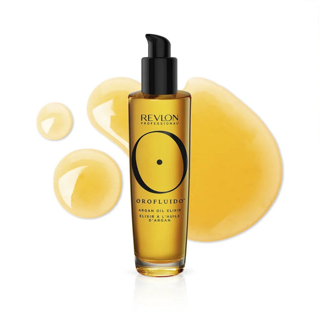 Refect Beauty Revlon Professional Orofluido Argan Oil Elixir in a clear glass bottle with golden oil droplets