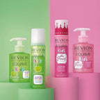 Refect Beauty Revlon Equave Kids shampoo and conditioner bottles in green and pink on tiered display stands.