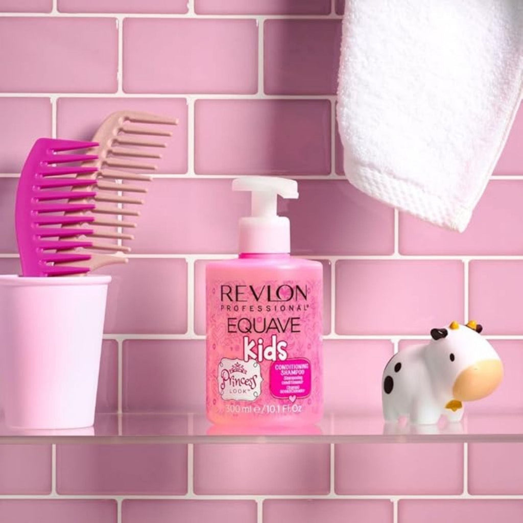 Refect Beauty Revlon Equave Kids Princess Shampoo bottle on a shelf against a pink tiled wall with combs and a toy
