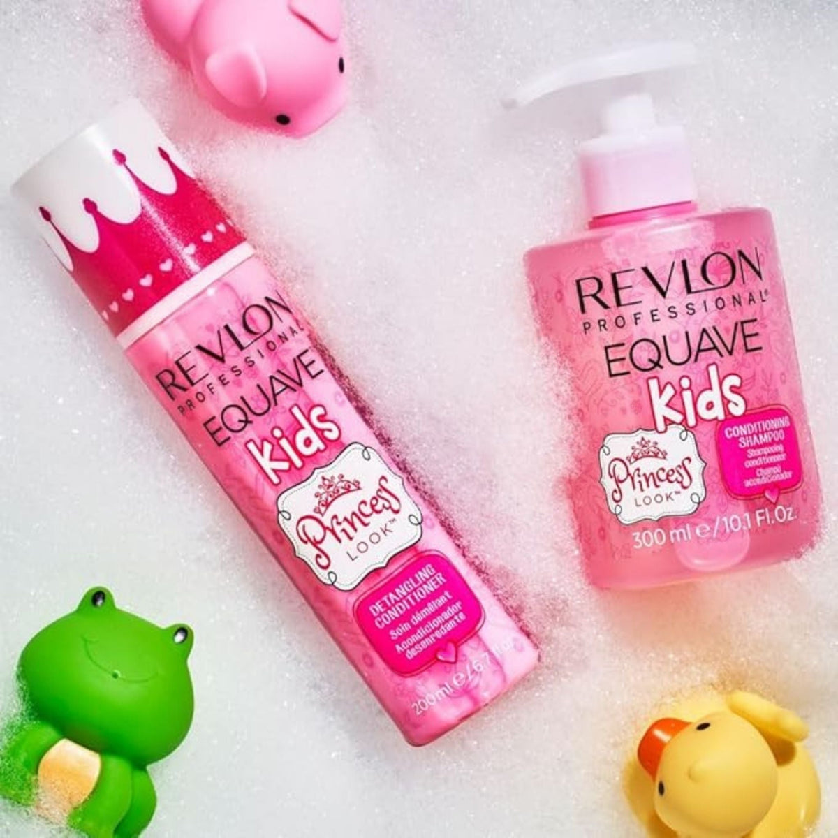 Refect Beauty Revlon Equave Kids Princess shampoo and detangler set with pink bottles in a bubbly bath with toys