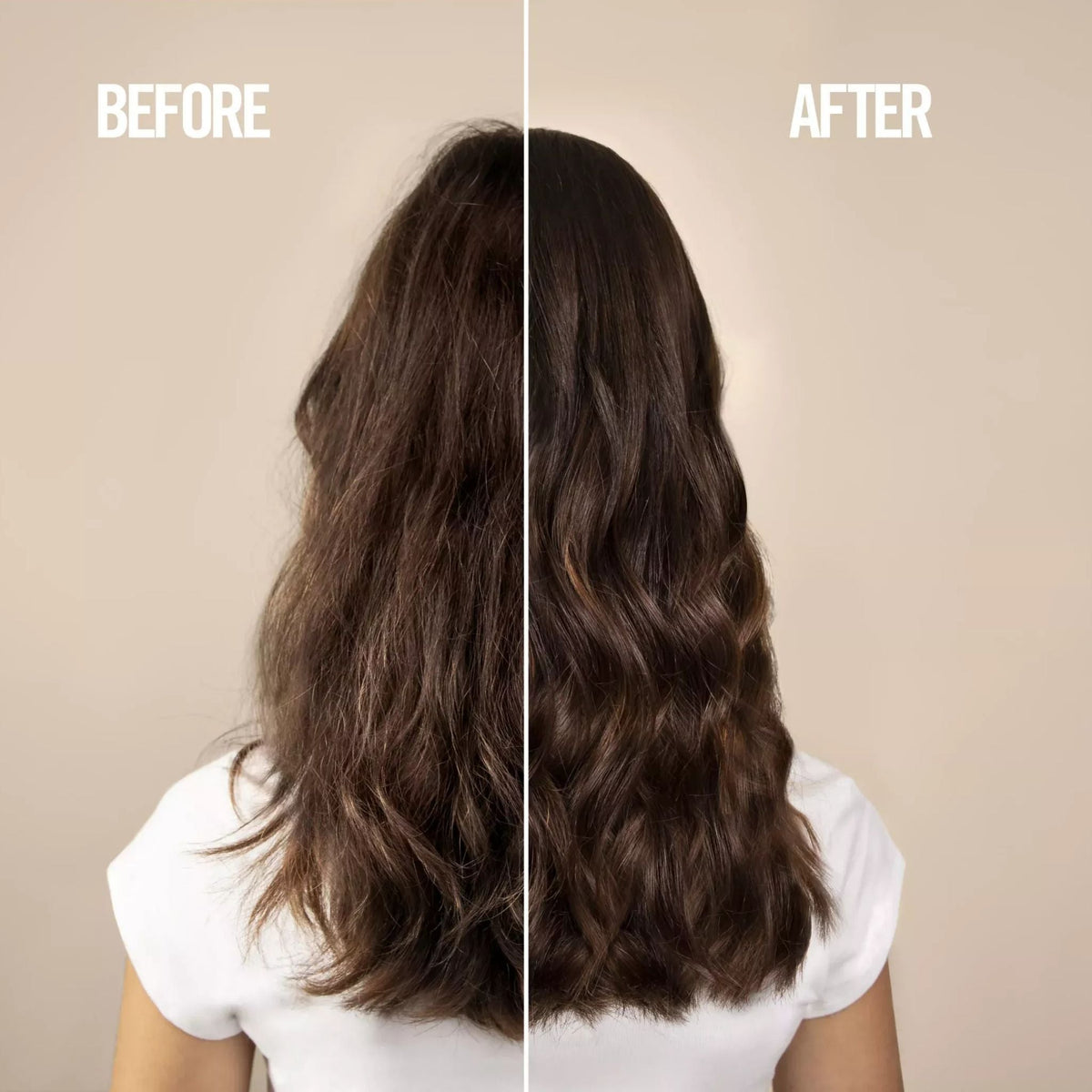 Refect Beauty Revlon Uniq One Lotus Flower hair treatment showing before and after results on wavy brown hair