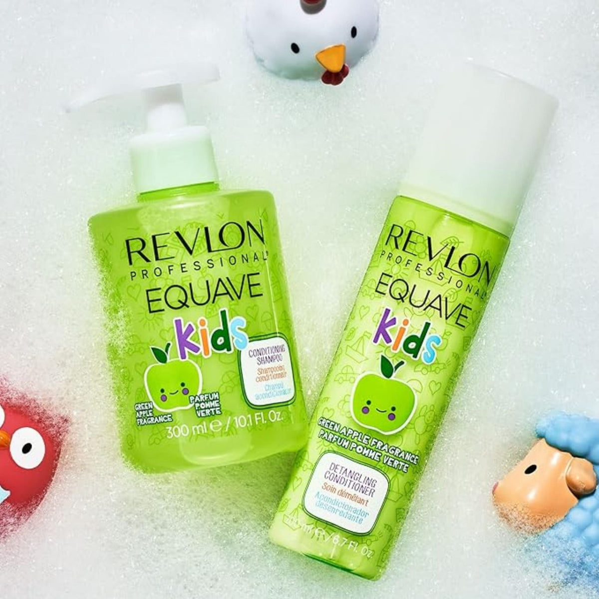 Refect Beauty Revlon Professional Equave Kids green apple shampoo and detangling conditioner bottles in bubble bath