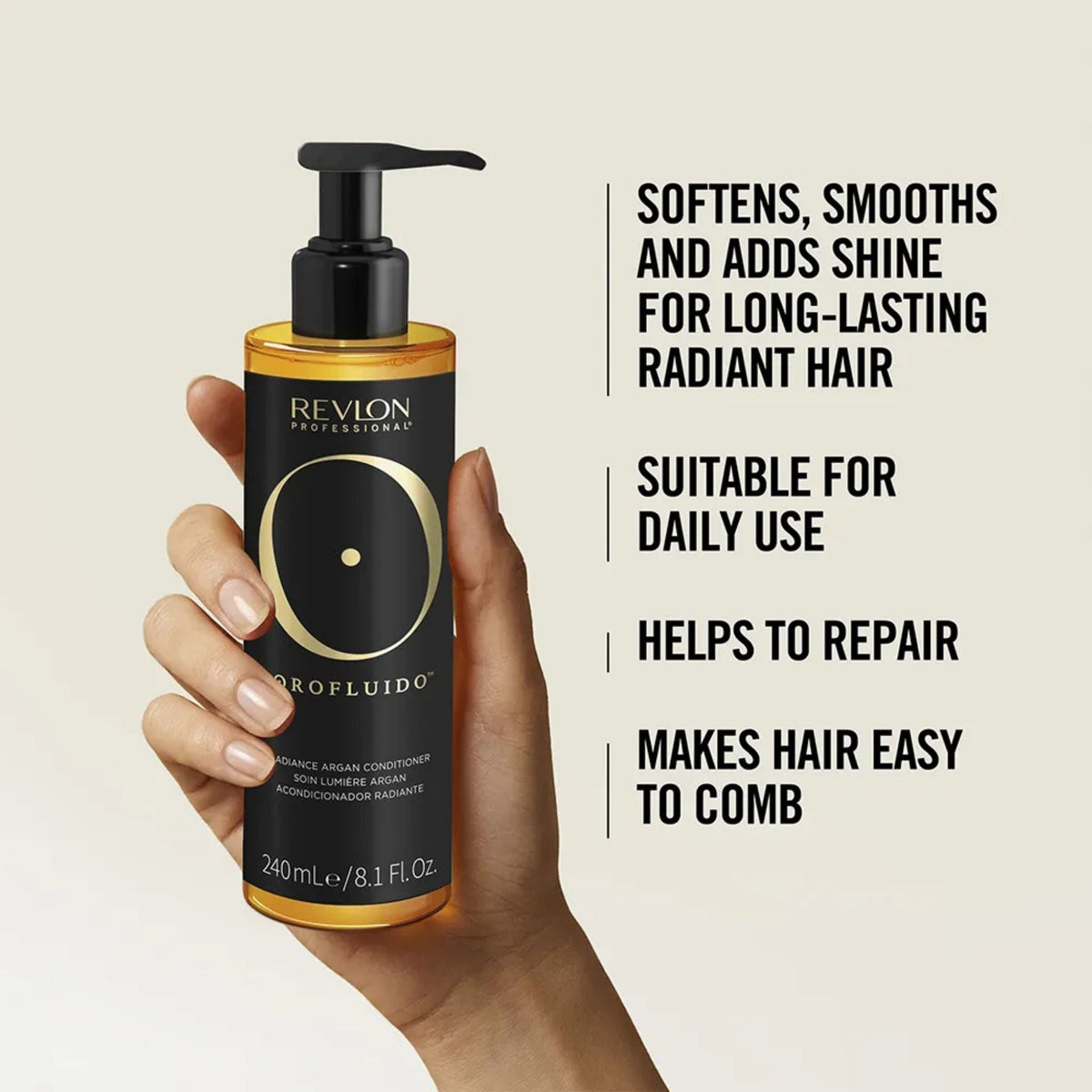 Refect Beauty Revlon Professional Orofluido Radiance Argan Conditioner bottle held in hand against a neutral background