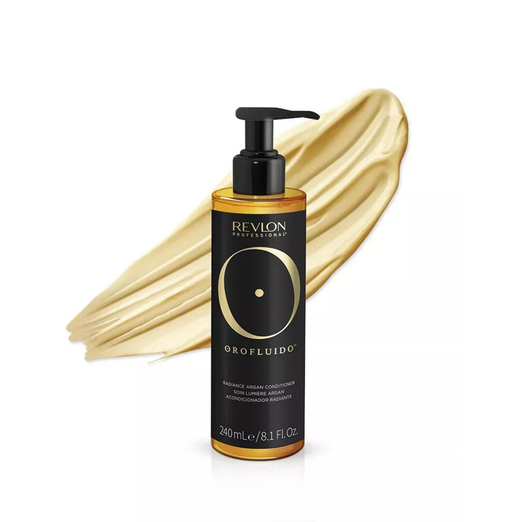 Refect Beauty Revlon Professional Orofluido Radiance Argan Conditioner bottle with a creamy texture swatch behind it.