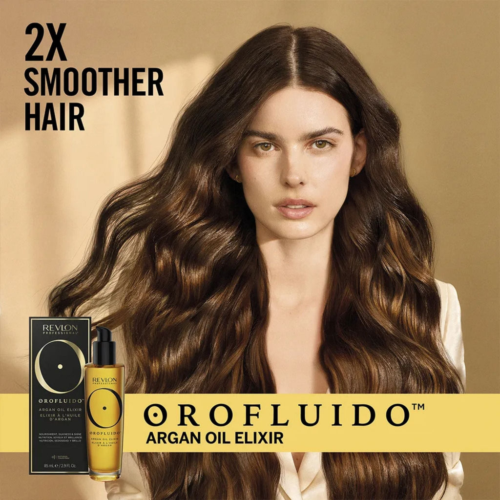 Refect Beauty Revlon Professional Orofluido Argan Oil Elixir bottle next to a woman with long, shiny, wavy brown hair