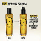Refect Beauty Revlon Professional Orofluido Argan Oil Elixir showing old and new bottle designs with pump applicator
