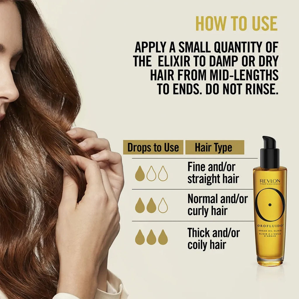Refect Beauty Revlon Professional Orofluido Argan Oil Elixir bottle with usage instructions for different hair types