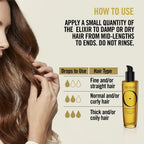 Refect Beauty Revlon Professional Orofluido Argan Oil Elixir bottle with usage instructions for different hair types
