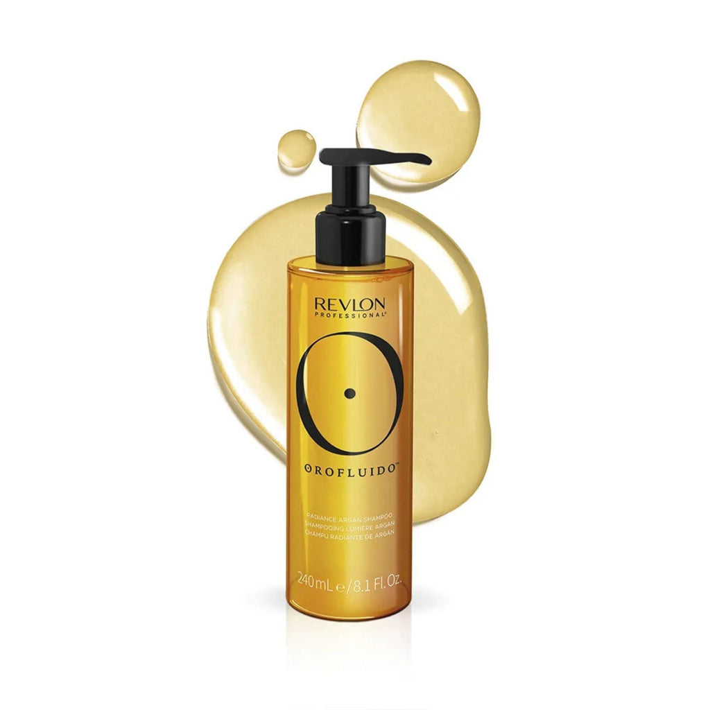 Refect Beauty Revlon Professional Orofluido Radiance Argan Shampoo in a gold bottle with a black pump dispenser