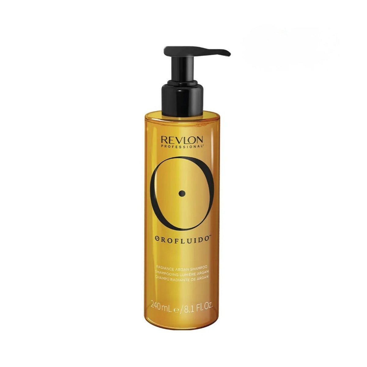 Refect Beauty Revlon Professional Orofluido Radiance Argan Shampoo in a gold bottle with a black pump dispenser.