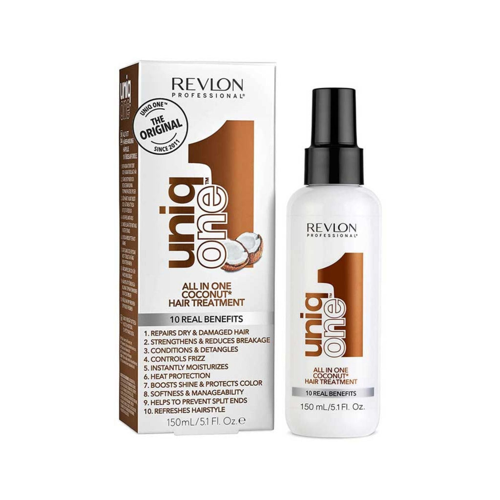 Refect Beauty Revlon Uniq One Coconut leave-in hair treatment spray bottle and its original white cardboard packaging.