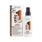 Refect Beauty Revlon Uniq One Coconut leave-in hair treatment spray bottle and its original white cardboard packaging.