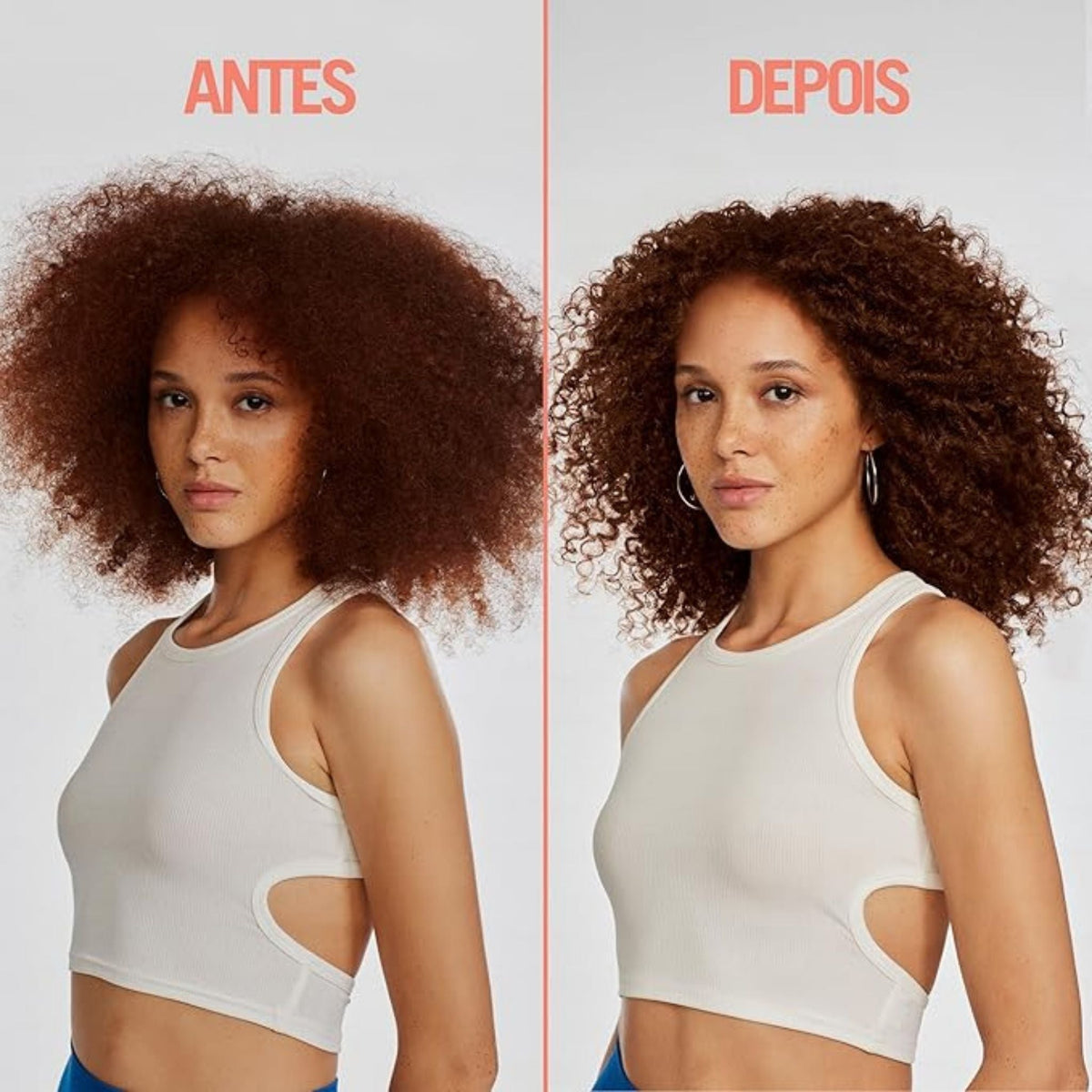 Refect Beauty before and after comparison showing curly hair transformation with Revlon Uniq One curl treatment