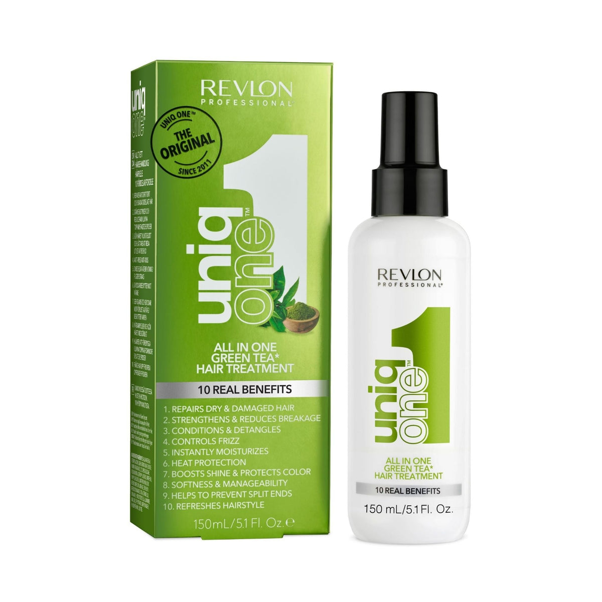 Refect Beauty Revlon Uniq One Green Tea leave-in hair treatment spray bottle and its green packaging box