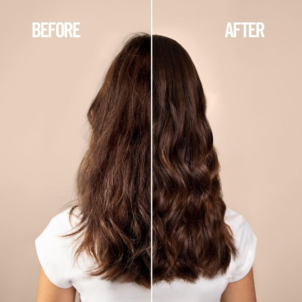 Refect Beauty Revlon Uniq One hair treatment showing a before and after comparison of frizzy versus smooth hair