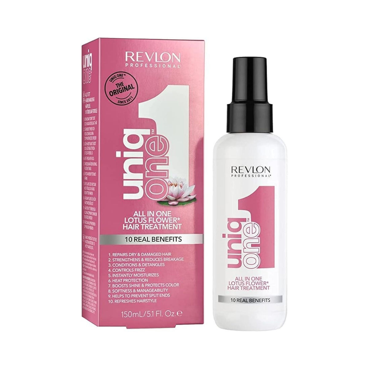 Refect Beauty Revlon Uniq One Lotus Flower leave-in hair treatment spray bottle and pink packaging box