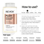 Refect Beauty Revox B77 Plex Bond Care Shampoo Step 4 bottle with hair repair instructions and hair type guide