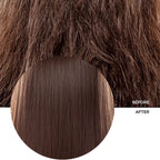 Refect Beauty Revox B77 Plex hair oil showing a before and after comparison of frizzy versus smooth, shiny brown hair.