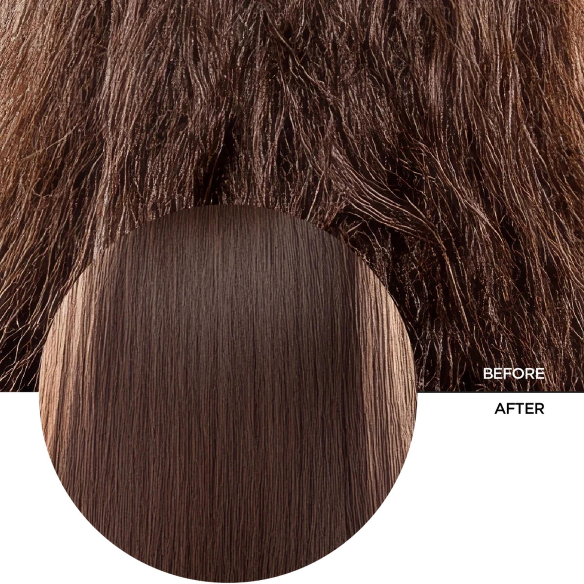 Refect Beauty Revox B77 Plex hair oil showing a before and after comparison of frizzy versus smooth, shiny brown hair.