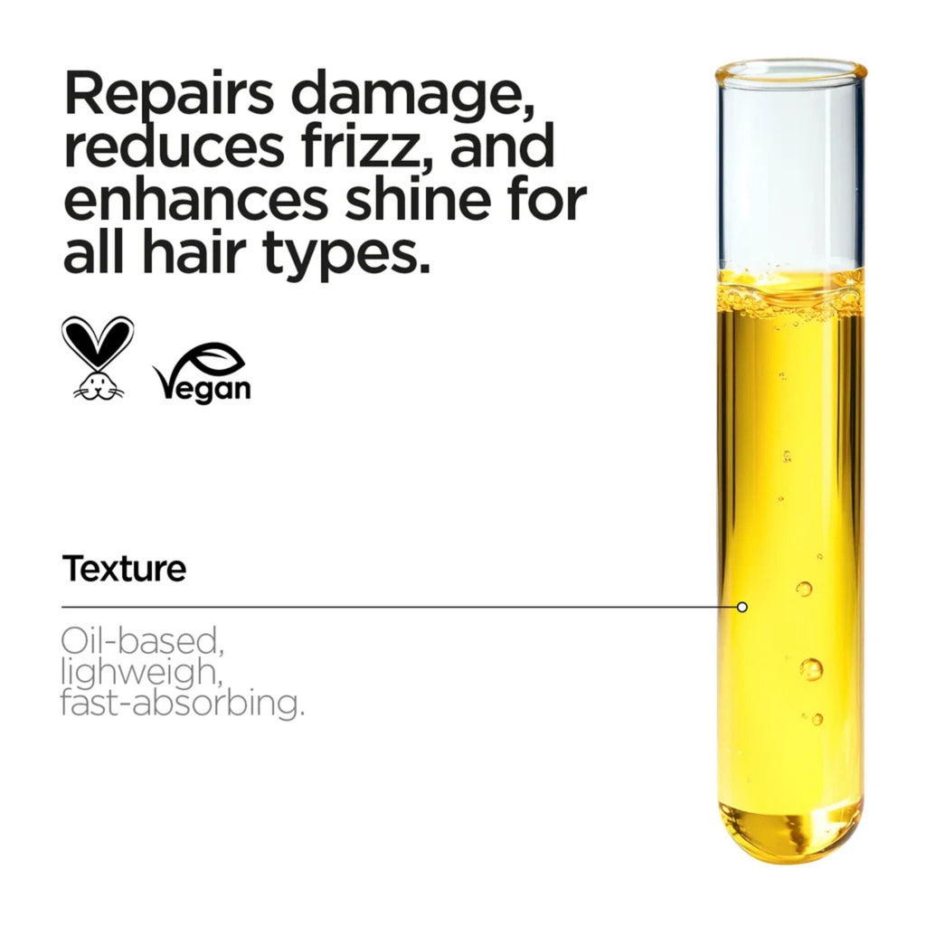 Refect Beauty Revox B77 Plex bond repairing hair oil in a test tube showing a lightweight golden oil texture